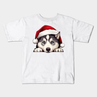 Christmas Peeking Siberian Husky Dog Kids T-Shirt
